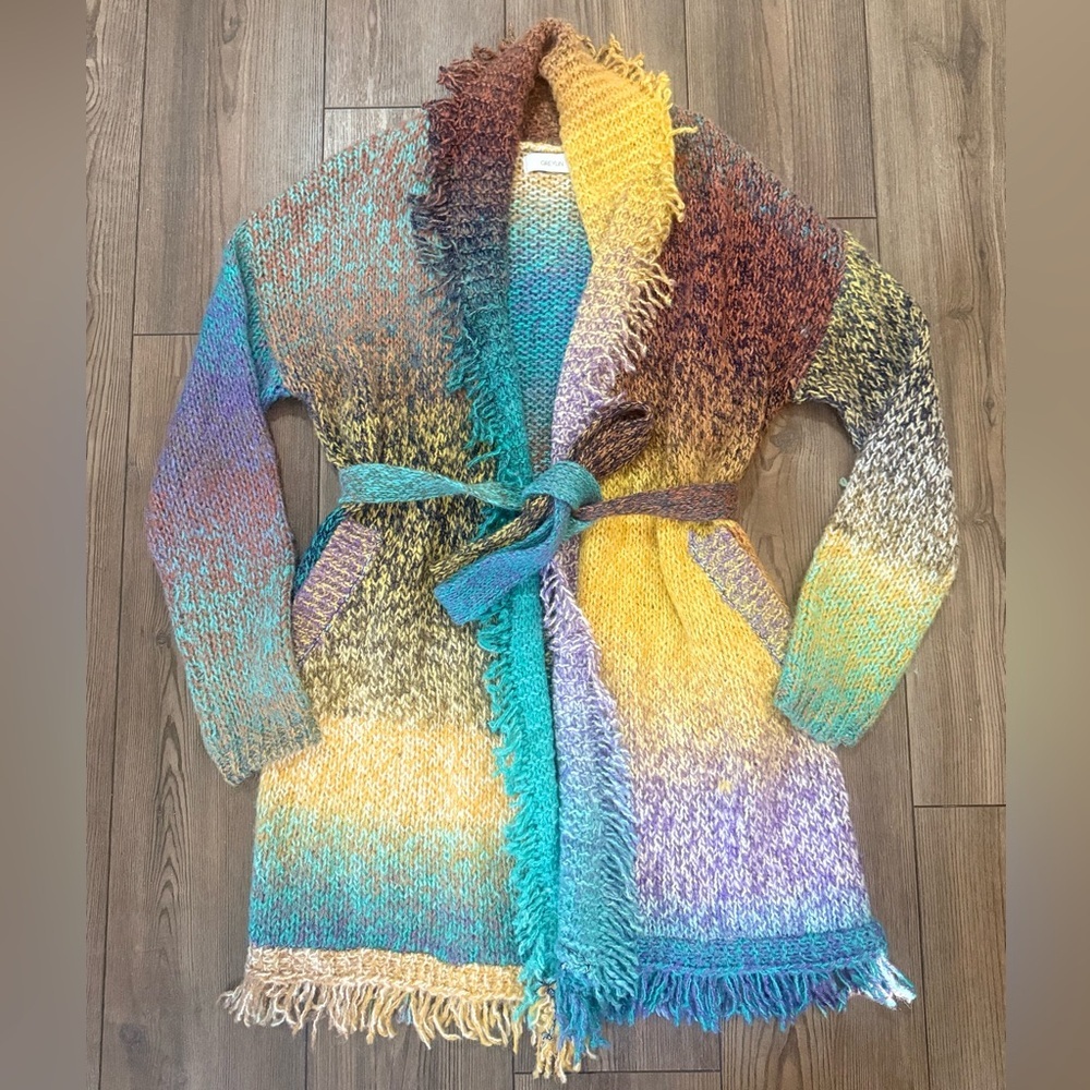 Greylin Multicolor Ombre Fringe Belted Knit Cardigan Sweater Coat XS EUC